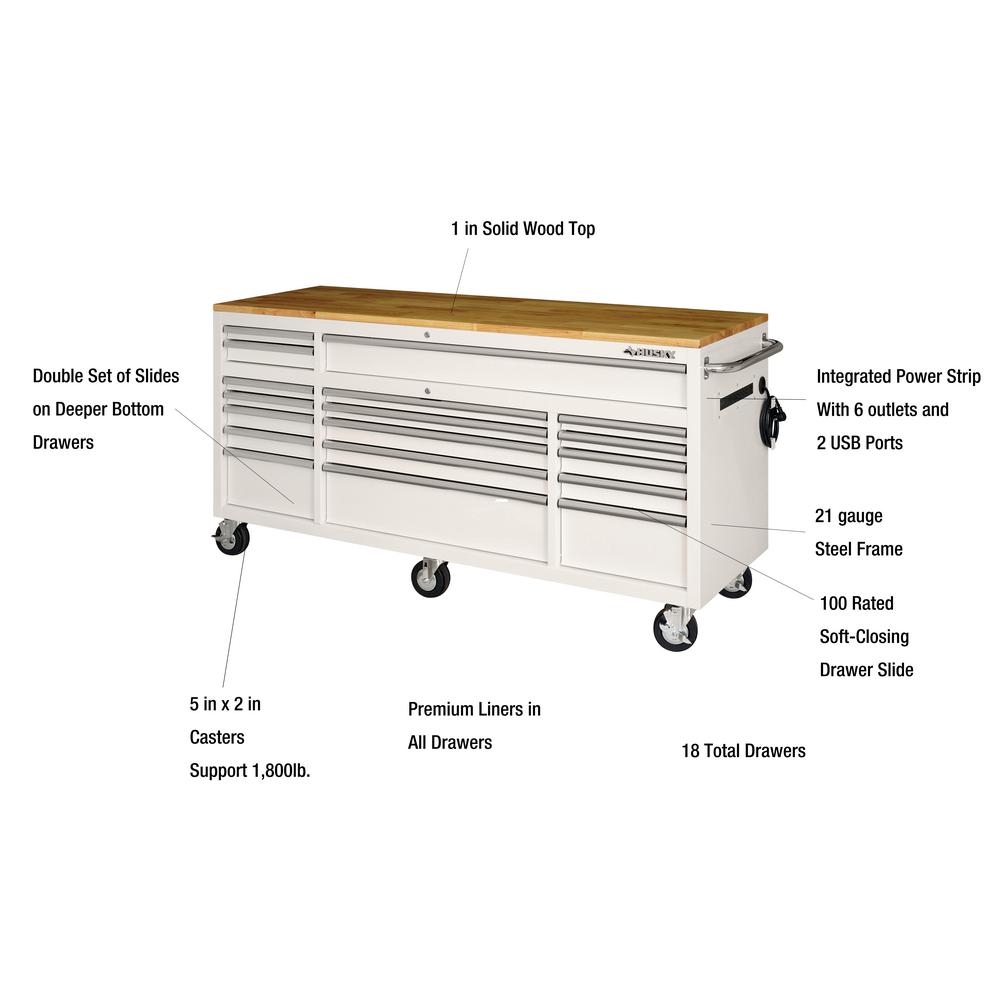 72 in. 18-Drawer Mobile Workbench with Solid Wood Top in Gloss White