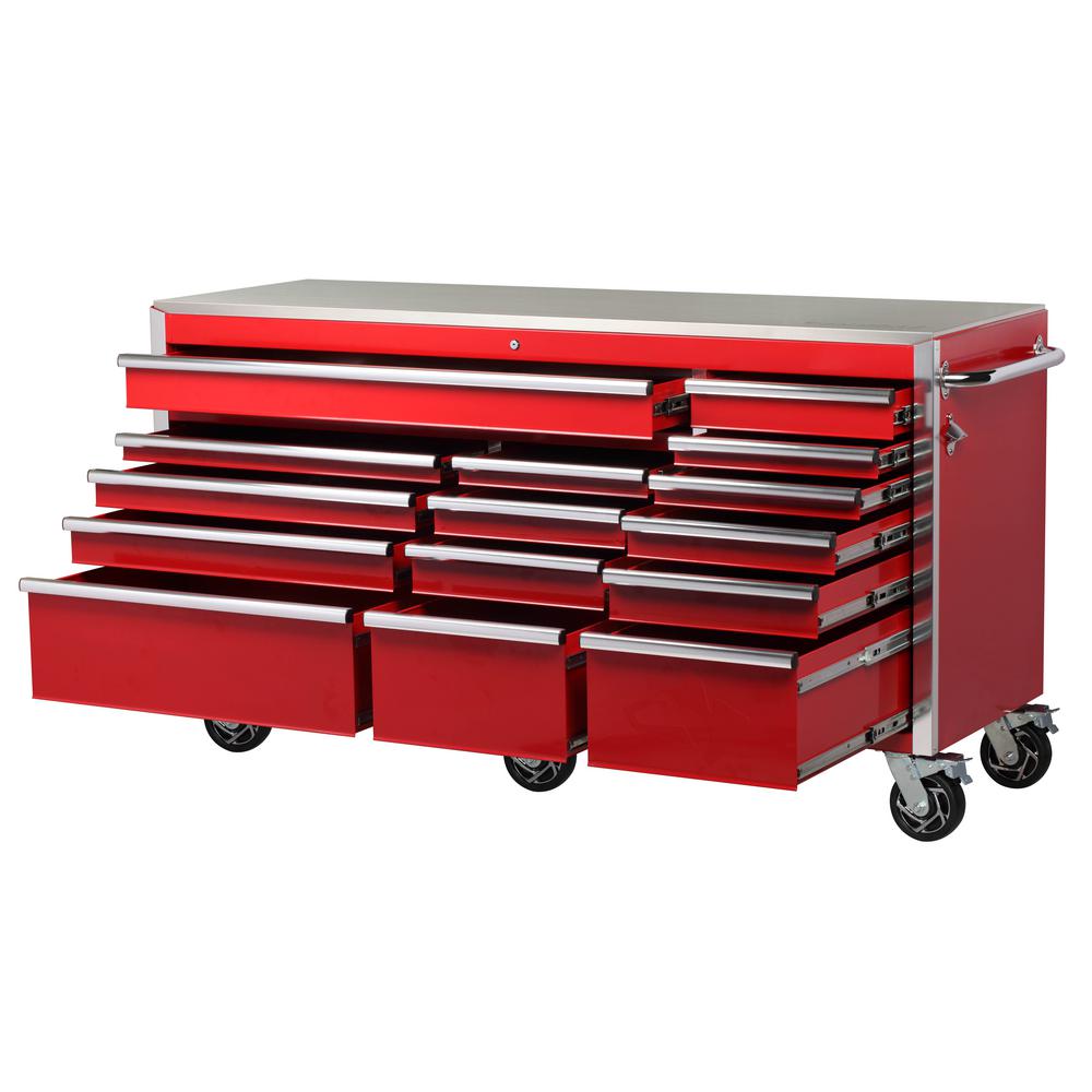 Heavy-Duty 72 in. W 15-Drawer, Deep Tool Chest Mobile Workbench in Gloss Red with Stainless Steel Top