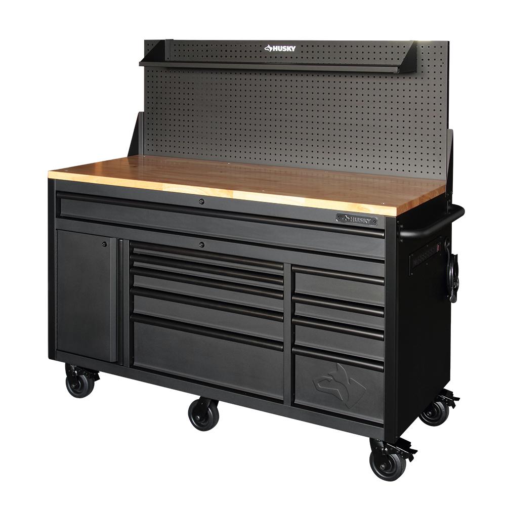 Heavy-Duty 61 in. W 10-Drawer 1-Door, Deep Tool Chest Mobile Workbench in Matte Black w/ Hardwood Top, Pegboard & Shelf