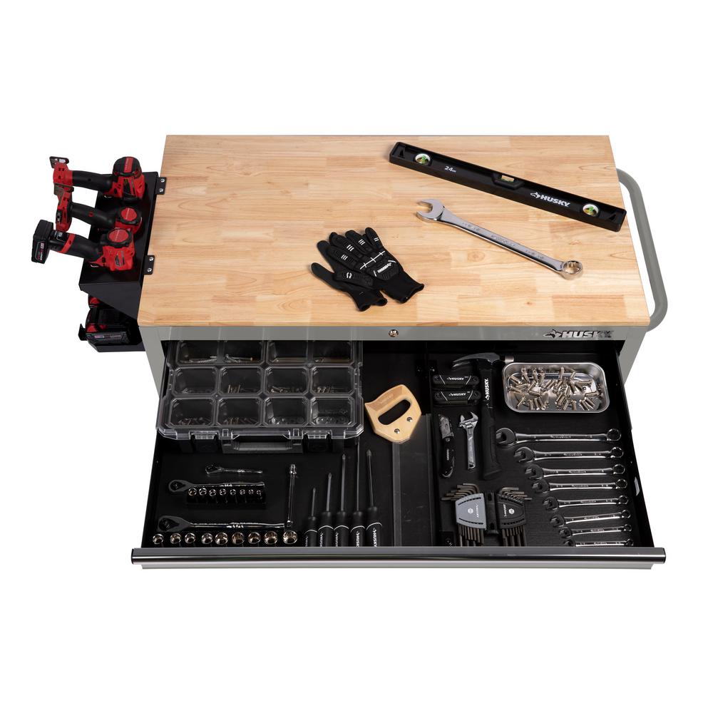 46 in. W 9-Drawer, Deep Tool Chest Mobile Workbench in Gloss Gray with Hardwood Top