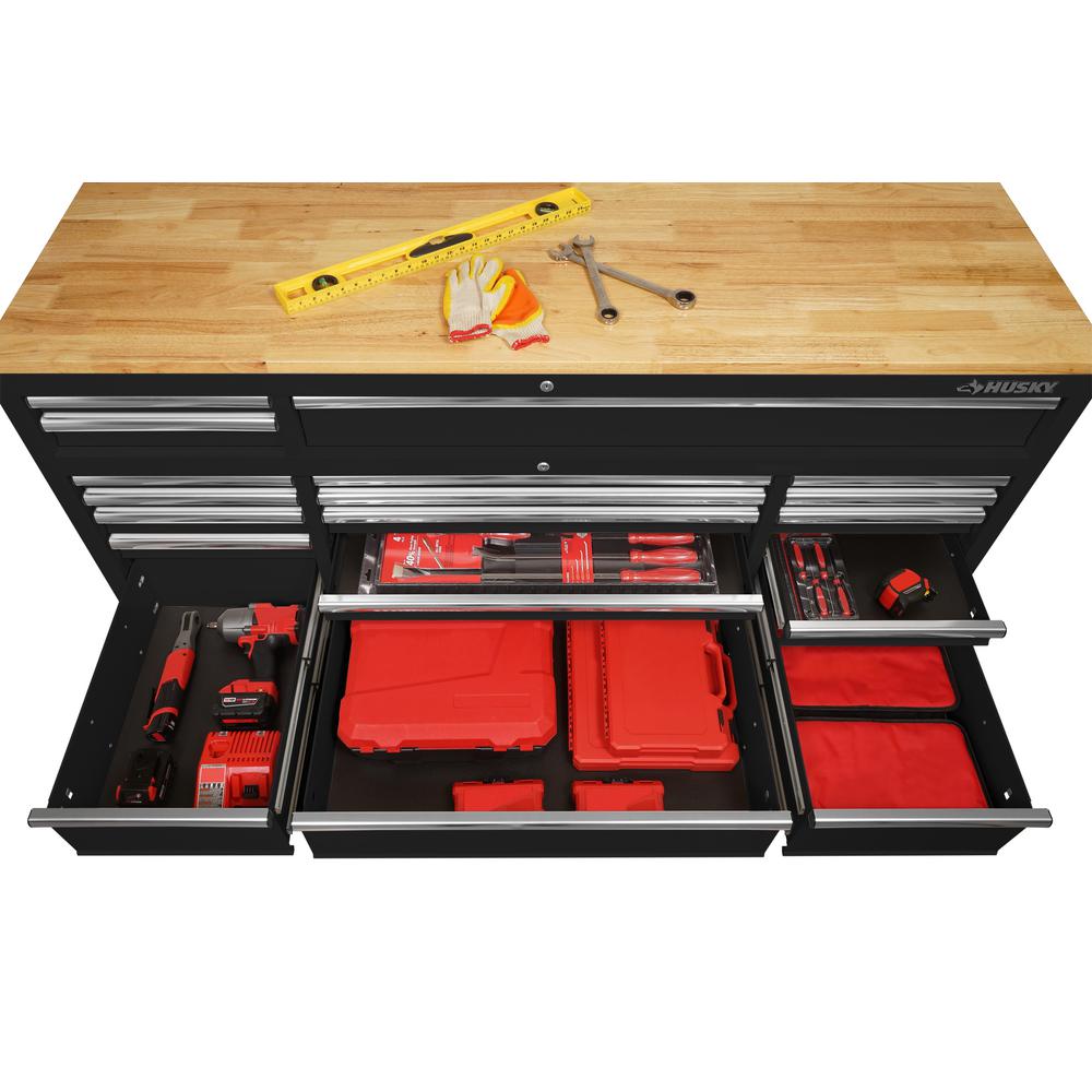 72 in. 18-Drawer Mobile Workbench with Solid Wood Top, Black