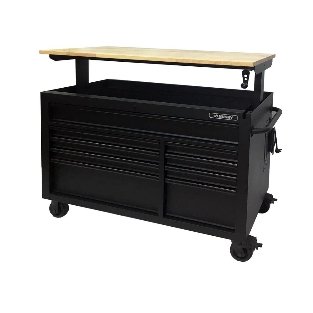 Heavy-Duty 52 in. W 9-Drawer, Deep Tool Chest Mobile Workbench in Matte Black with Adjustable-Height Hardwood Top