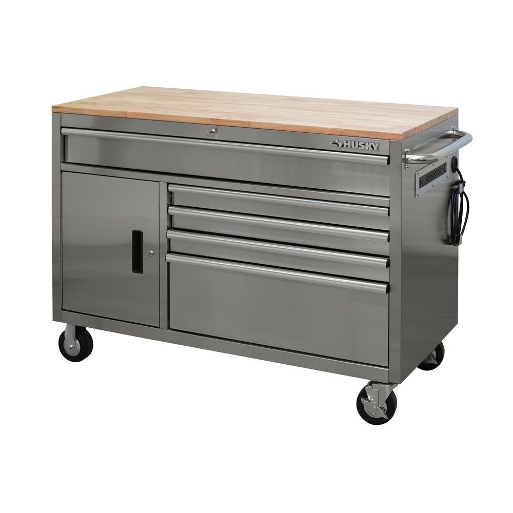 Heavy-Duty 52 in. W 9-Drawer, Deep Tool Chest Mobile Workbench in Matte Black with Adjustable-Height Hardwood Top