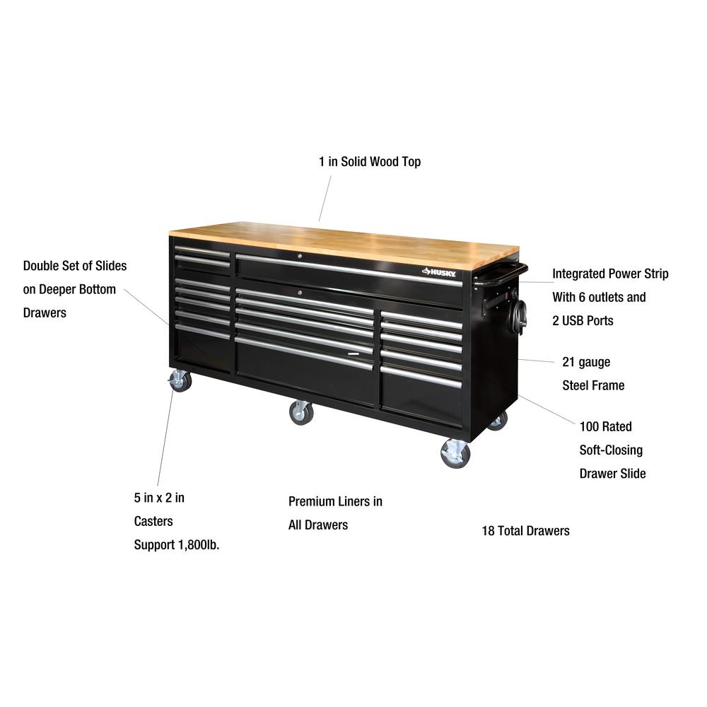 72 in. 18-Drawer Mobile Workbench with Solid Wood Top, Black
