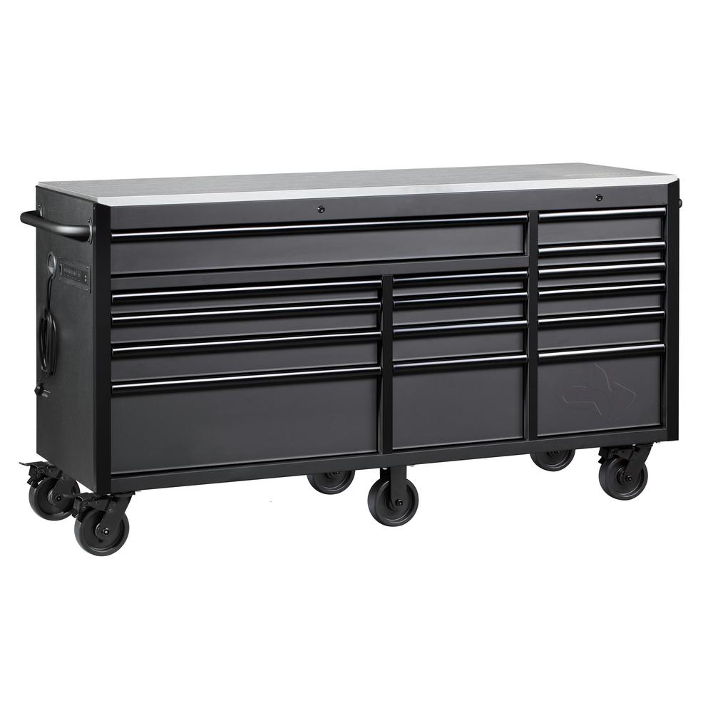 Heavy-Duty 72 in. W 15-Drawer, Deep Tool Chest Mobile Workbench in Matte Black with Stainless Steel Top and Dual Locks