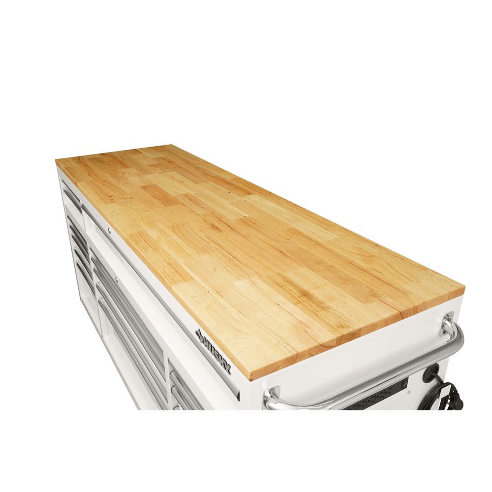 72 in. 18-Drawer Mobile Workbench with Solid Wood Top in Gloss White