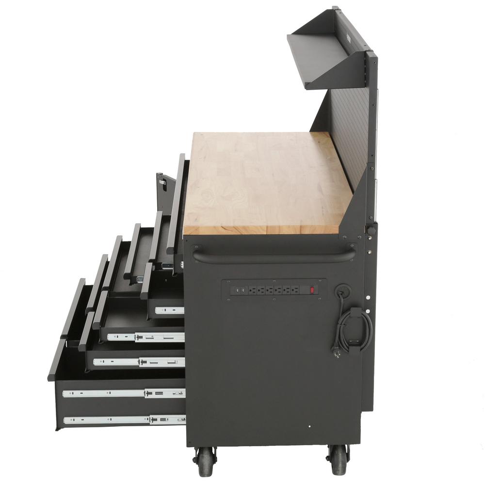 Heavy-Duty 61 in. W 10-Drawer 1-Door, Deep Tool Chest Mobile Workbench in Matte Black w/ Hardwood Top, Pegboard & Shelf