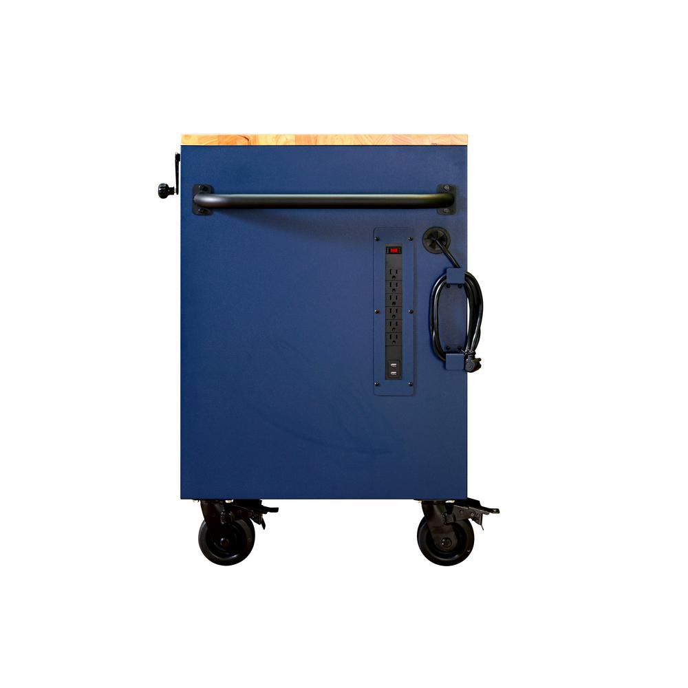 72 in. 18-Drawer Mobile Workbench with Adjustable-Height Solid Wood Top in Matte Blue