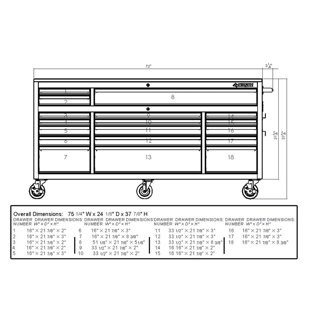 72 in. 18-Drawer 24 in. D Mobile Workbench with Solid Wood Top Stainless Steel