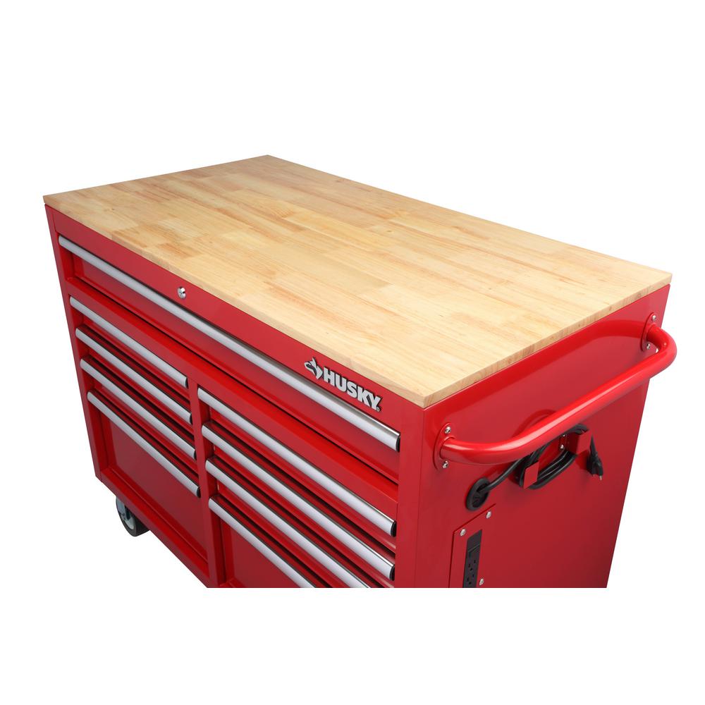 46 in. W 9-Drawer, Deep Tool Chest Mobile Workbench in Gloss Red with Hardwood Top