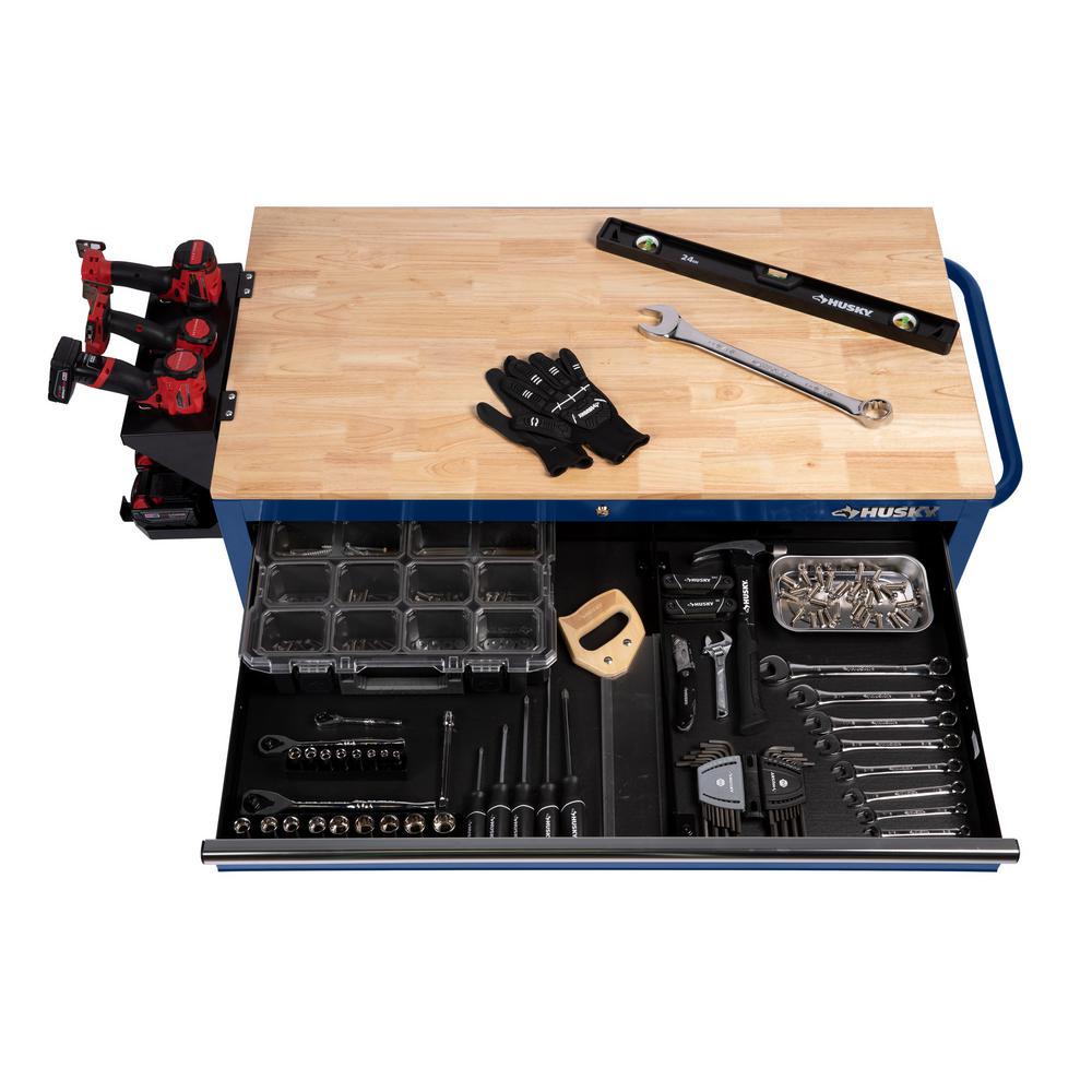46 in. W 9-Drawer, Deep Tool Chest Mobile Workbench in Gloss Blue with Hardwood Top