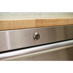 62 in. 14-Drawer 24 in. Deep Stainless Steel Mobile Workbench with Solid Wood Top