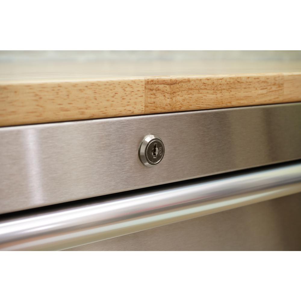 62 in. 14-Drawer 24 in. Deep Stainless Steel Mobile Workbench with Solid Wood Top