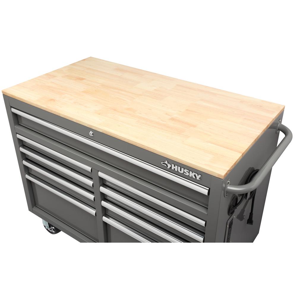 46 in. W 9-Drawer, Deep Tool Chest Mobile Workbench in Gloss Gray with Hardwood Top