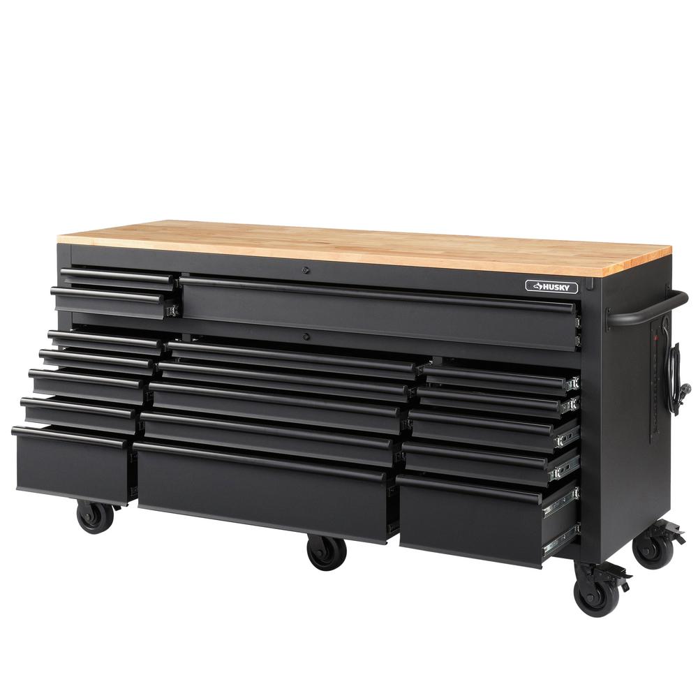 Heavy-Duty 72 in. W 18-Drawer, Deep Tool Chest Mobile Workbench in Matte Black with Adjustable-Height Hardwood Top