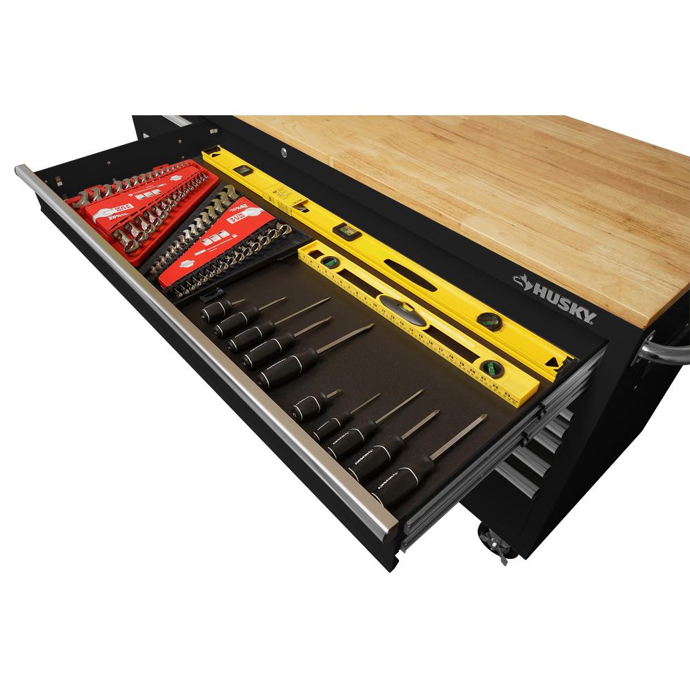 72 in. 18-Drawer Mobile Workbench with Solid Wood Top, Black