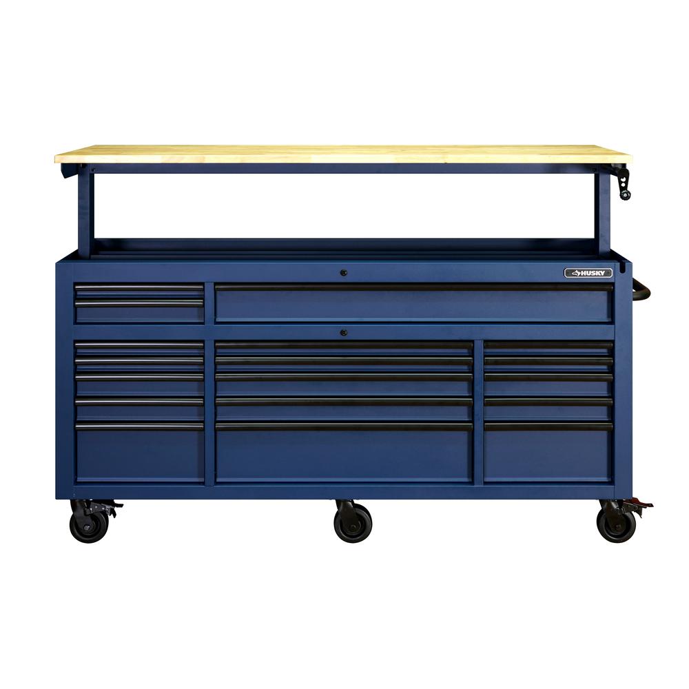 72 in. 18-Drawer Mobile Workbench with Adjustable-Height Solid Wood Top in Matte Blue