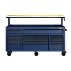 72 in. 18-Drawer Mobile Workbench with Adjustable-Height Solid Wood Top in Matte Blue