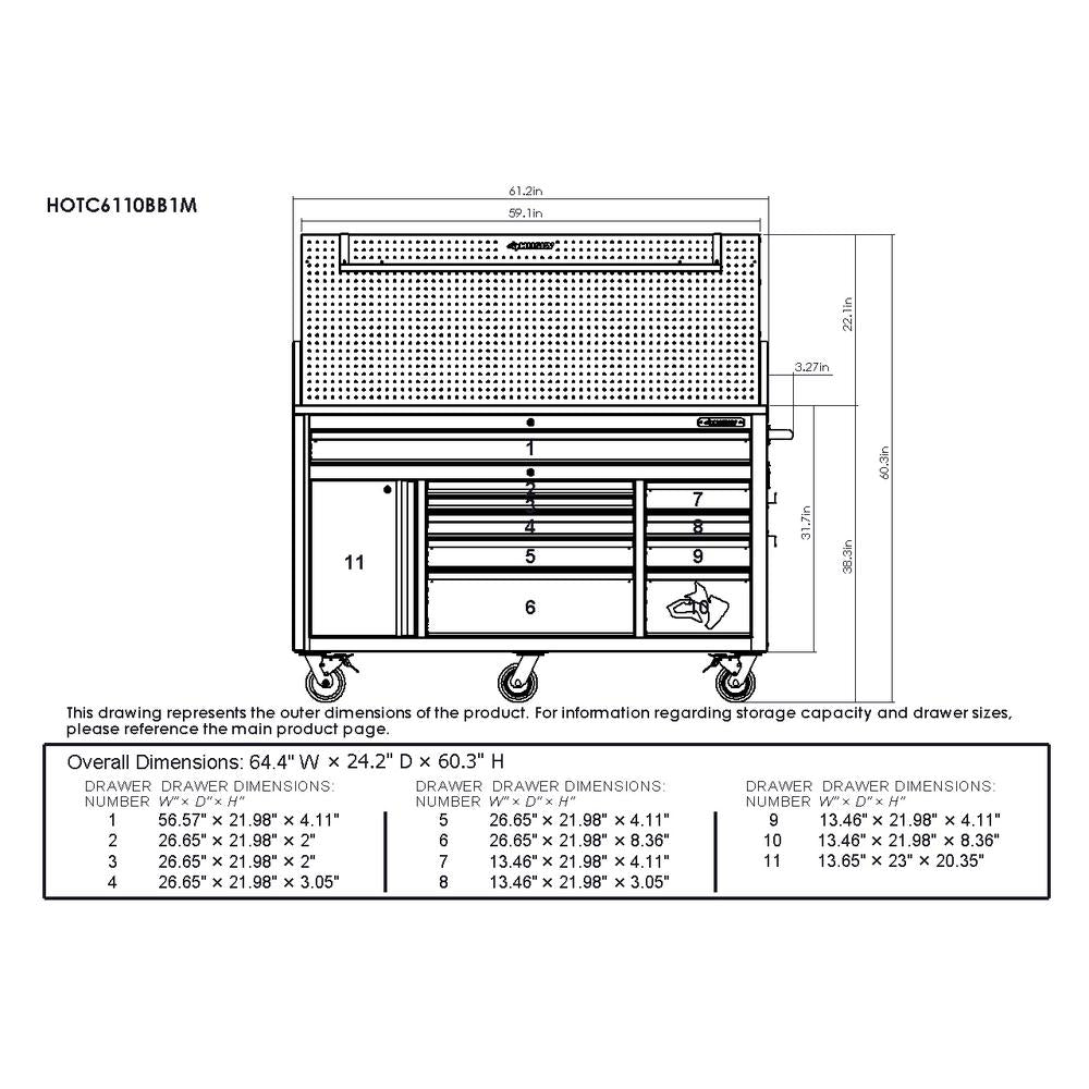 Heavy-Duty 61 in. W 10-Drawer 1-Door, Deep Tool Chest Mobile Workbench in Matte Black w/ Hardwood Top, Pegboard & Shelf