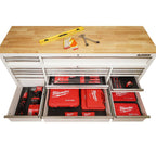 72 in. 18-Drawer Mobile Workbench with Solid Wood Top in Gloss White