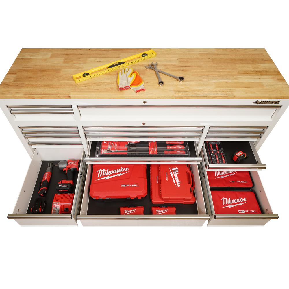 72 in. 18-Drawer Mobile Workbench with Solid Wood Top in Gloss White