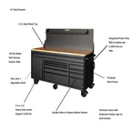 Heavy-Duty 61 in. W 10-Drawer 1-Door, Deep Tool Chest Mobile Workbench in Matte Black w/ Hardwood Top, Pegboard & Shelf
