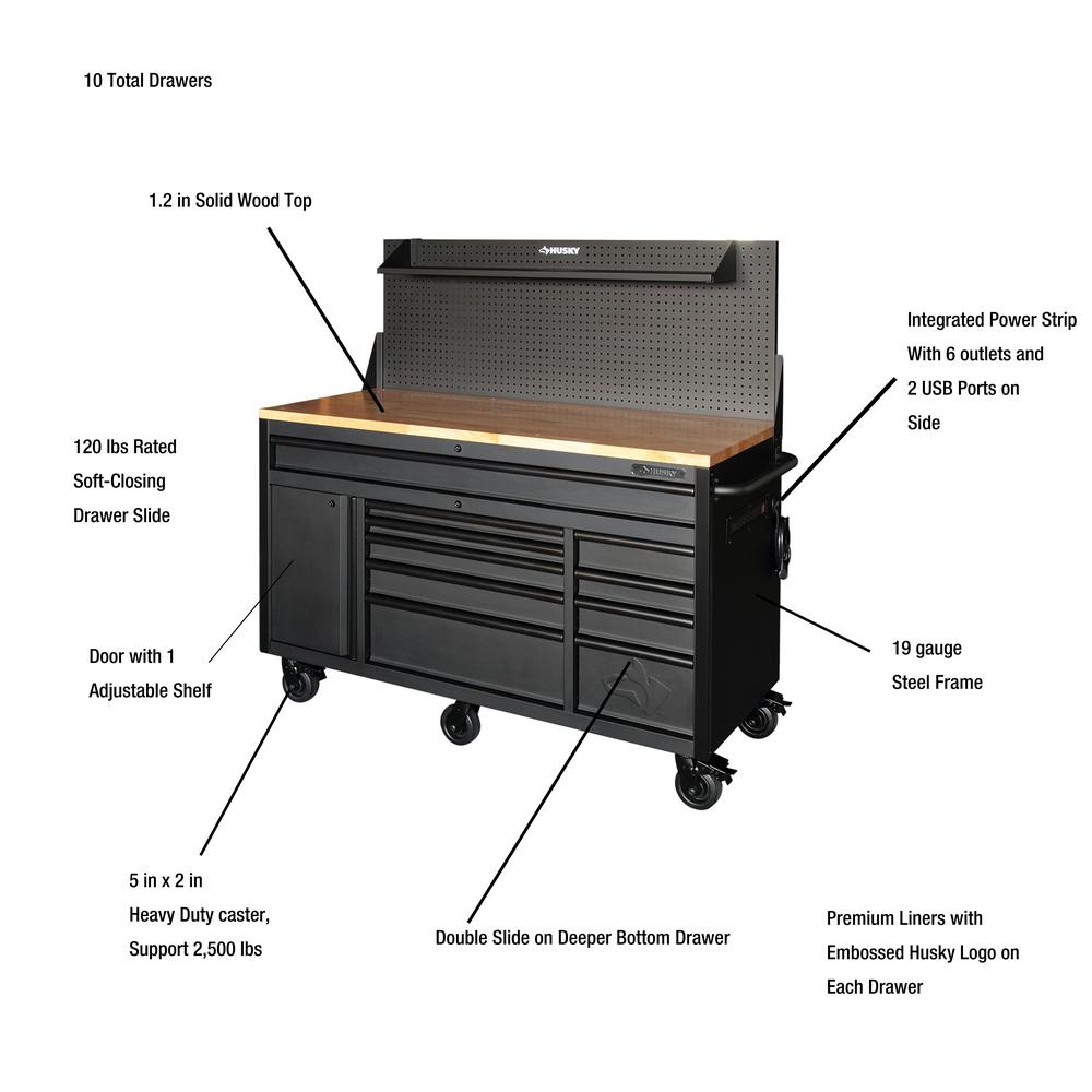 Heavy-Duty 61 in. W 10-Drawer 1-Door, Deep Tool Chest Mobile Workbench in Matte Black w/ Hardwood Top, Pegboard & Shelf